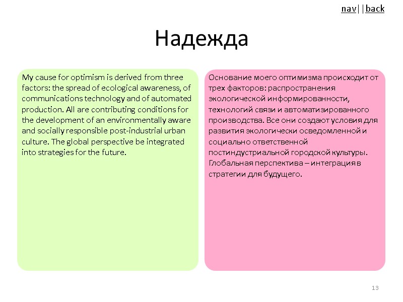 Надежда My cause for optimism is derived from three factors: the spread of ecological